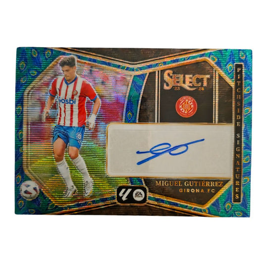 Front of Miguel Gutiérrez 2023-24 Panini Select La Liga Pitchside Signatures Peacock #PS-MG football card with on-card autograph in Near Mint condition