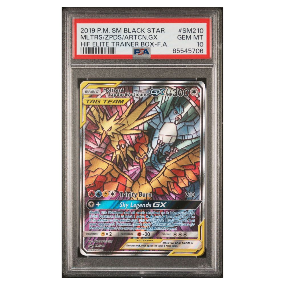 PSA 10 Moltres, Zapdos & Articuno GX Full Art card from Hidden Fates Elite Trainer Box, promo SM210