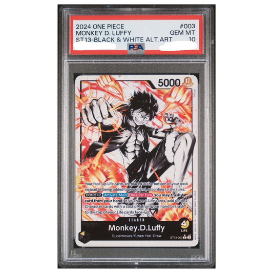Official One Piece TCG Monkey D Luffy Black White Alt Art PSA 10 from The Three Brothers graded card collectible
