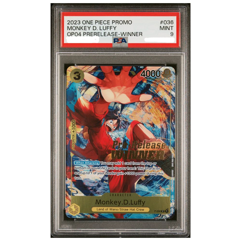 Official One Piece TCG Monkey D Luffy OP04 Pre Release Winner PSA 9 graded card collectible