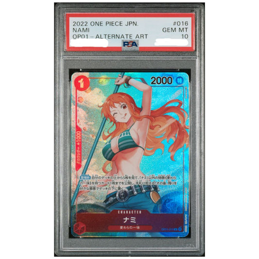 Official One Piece TCG Nami Alternate Art PSA 10 from Romance Dawn graded card collectible