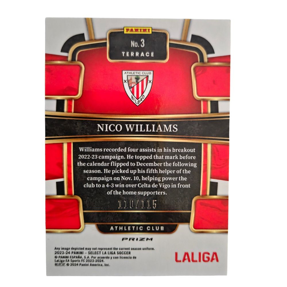 Back of Nico Williams 2023-24 Panini Select FIFA Terrace Pink Mojo Prizm #3 showing serial number 110/115