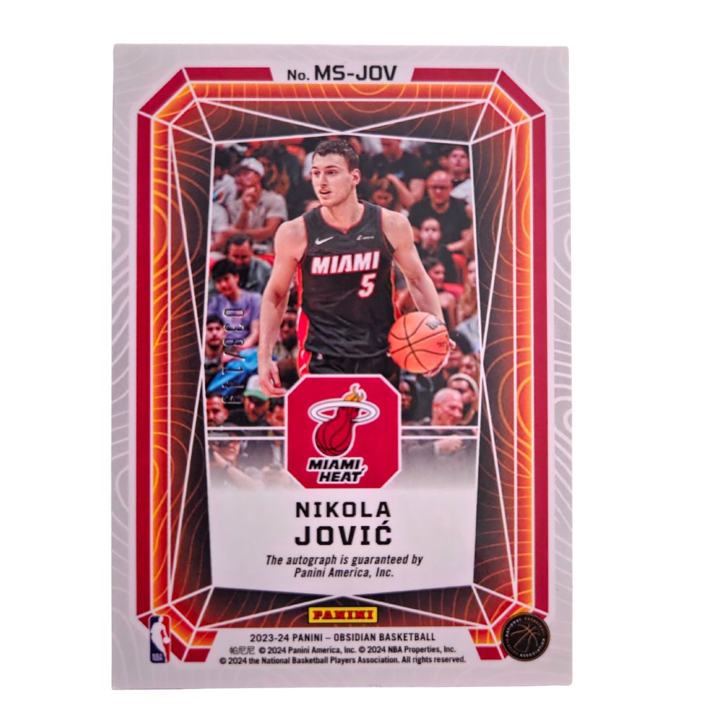 Back of Nikola Jović 2023-24 Panini Obsidian Magmatic Autograph #MS-JOV card showing team logo and Panini authentication text