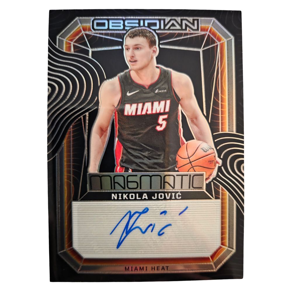 Front of Nikola Jović 2023-24 Panini Obsidian Magmatic Autograph #MS-JOV basketball card featuring Miami Heat uniform and blue ink signature
