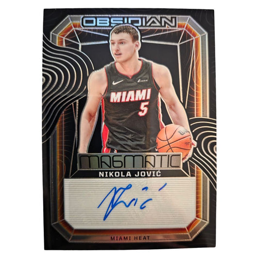 Front of Nikola Jović 2023-24 Panini Obsidian Magmatic Autograph #MS-JOV basketball card featuring Miami Heat uniform and blue ink signature