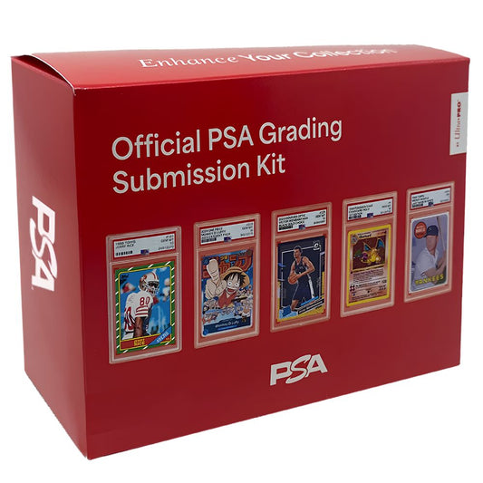 Front view of the red Ultra PRO Official PSA Grading Submission Kit packaging with examples of PSA graded cards.