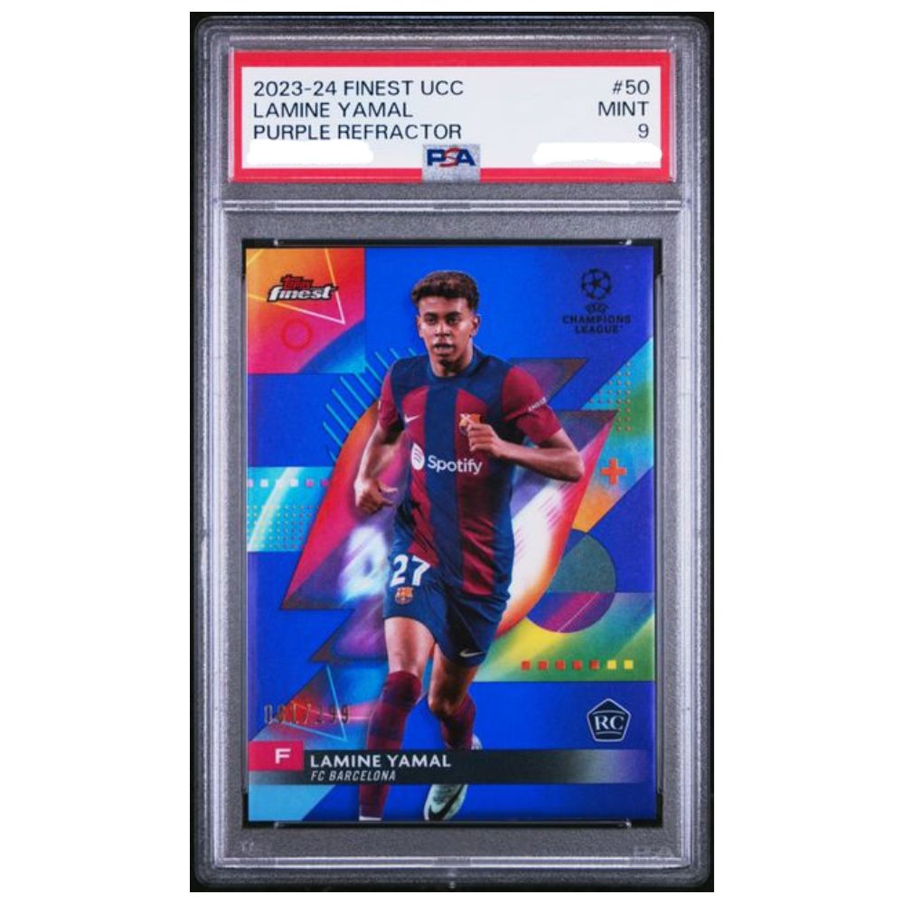 Trading card of Lamine Yamal in a sports jersey with a colorful design, framed by a PSA grading sleeve.