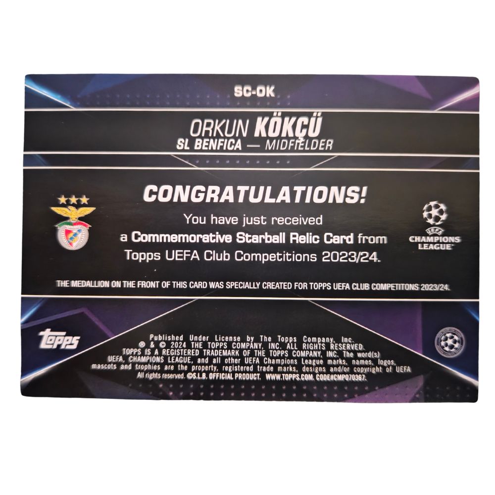 Back of Orkun Kökçü 2023-24 Topps UEFA Club Competitions Starball Commemorative Relic #SC-OK raw Near Mint.