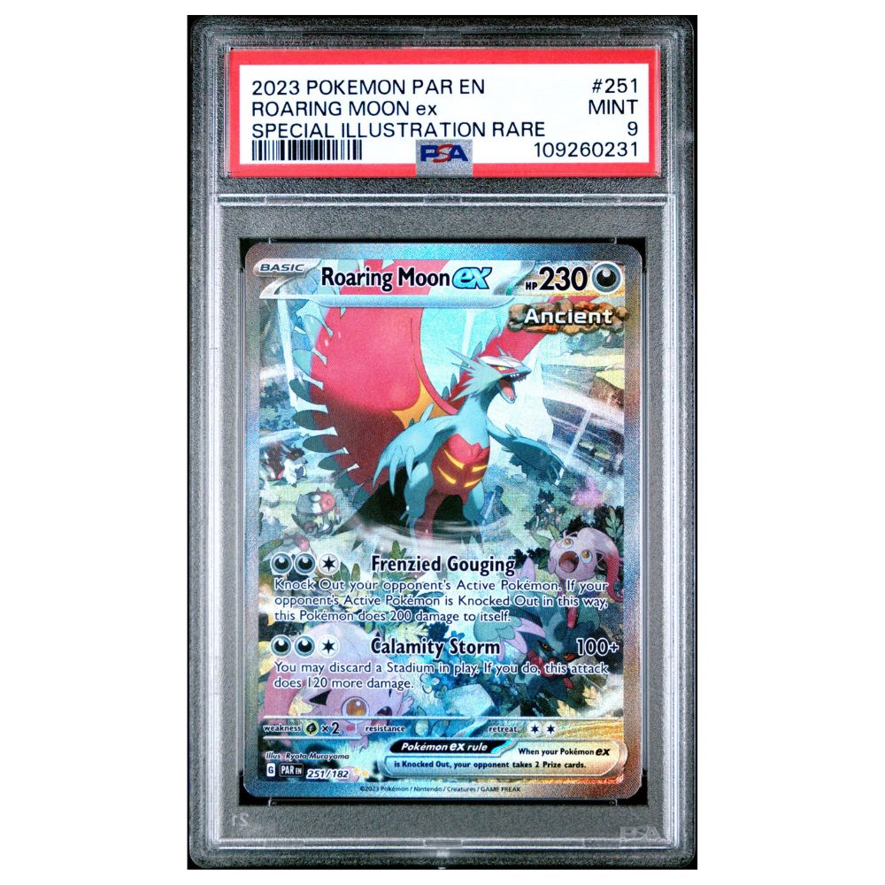 PSA 9 graded Roaring Moon ex Special Illustration Rare Pokémon card from Paradox Rift 2023