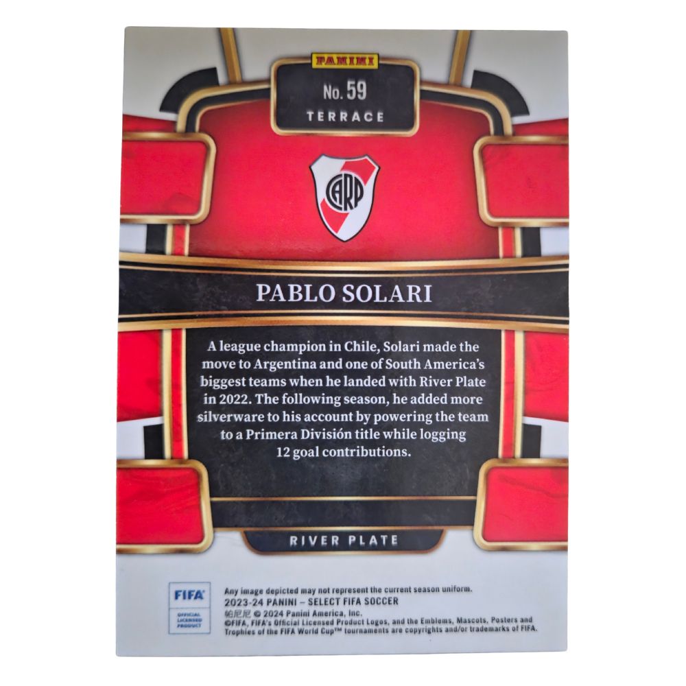 Back of Pablo Solari 2023-24 Panini Select FIFA Soccer Terrace #59 rookie card raw Near Mint