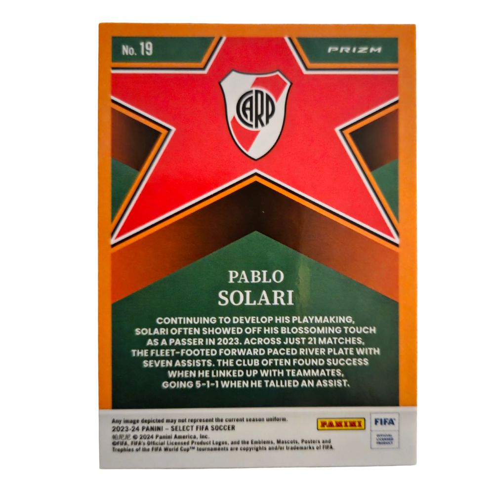 Back of Pablo Solari 2023-24 Panini Select FIFA Select Stars Silver Prizm RC #19 card with River Plate logo and player biography