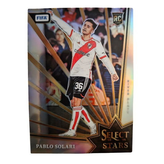 Front of Pablo Solari 2023-24 Panini Select FIFA Select Stars Silver Prizm RC #19 football card showing player in River Plate kit