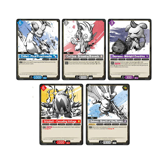 Five trading cards arranged on a plain white background, each featuring illustrated fantasy creatures and game text. The cards have black borders, cream text boxes, and colored header bands in blue, red, purple, yellow, and white.