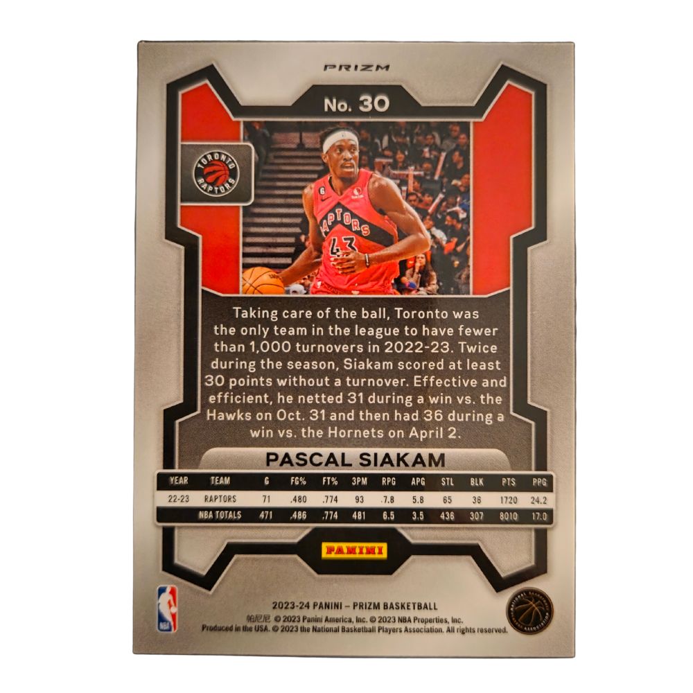 Back of Pascal Siakam 2023-24 Panini Prizm Ruby Wave #30 basketball card in Near Mint condition