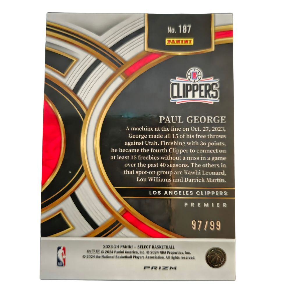 Back of Paul George 2023-24 Panini Select Premier Level Blue Flash #187 (#97/99) basketball card in Near Mint condition