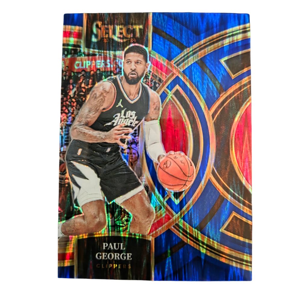 Front of Paul George 2023-24 Panini Select Premier Level Blue Flash #187 (#97/99) basketball card in Near Mint condition