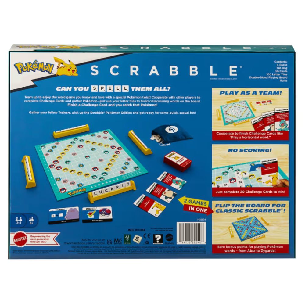 Pokémon Scrabble board game packaging on a white background