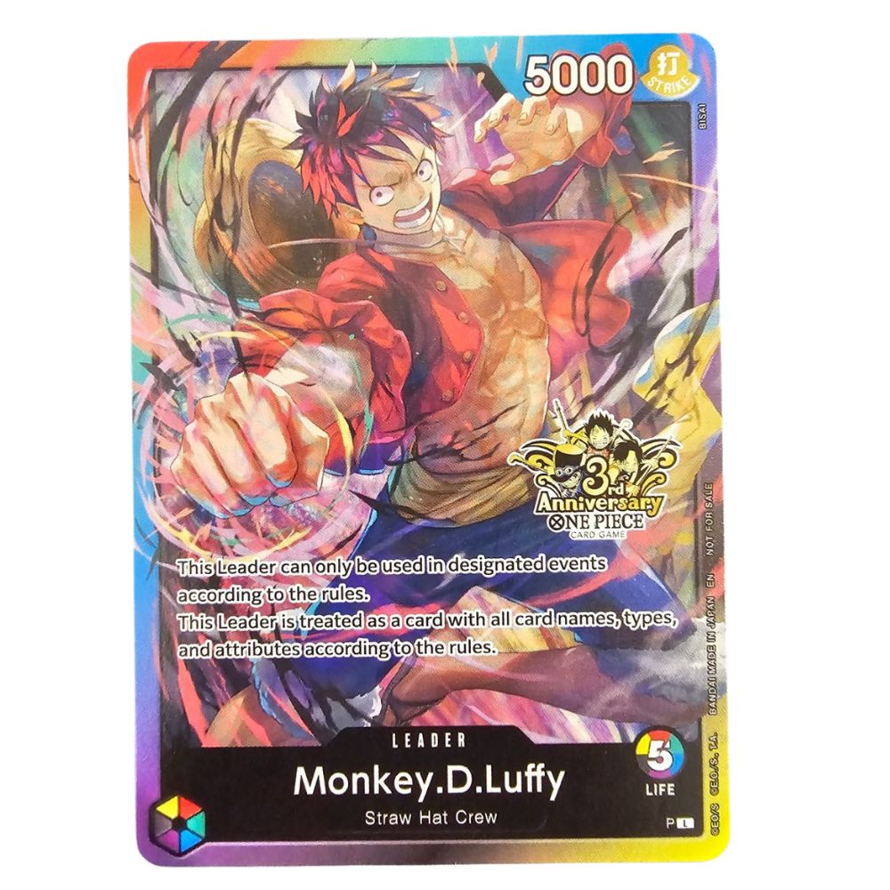 Official One Piece TCG 3rd Anniversary Rainbow Monkey D Luffy Leader Non‑Foil Promo Card
