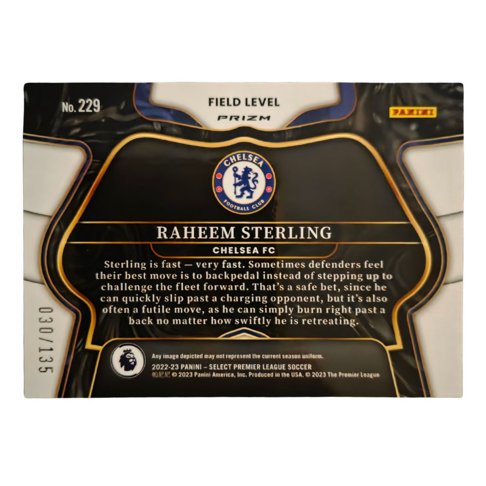 Back of Raheem Sterling 2022-23 Panini Select Premier League Field Level Purple Prizm #229 (030/135), showing serial numbering and card details
