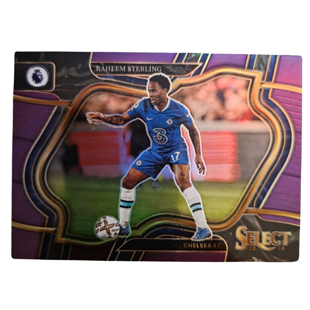 Front of Raheem Sterling 2022-23 Panini Select Premier League Field Level Purple Prizm #229 (030/135), raw Near Mint condition