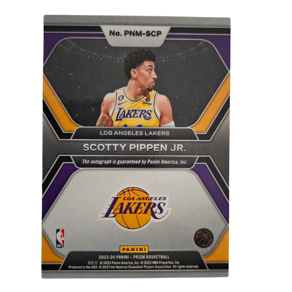 Back of Scotty Pippen Jr. 2023-24 Panini Prizm Penmanship Autograph #PNM-SCP card showing Lakers logo and Panini authentication text