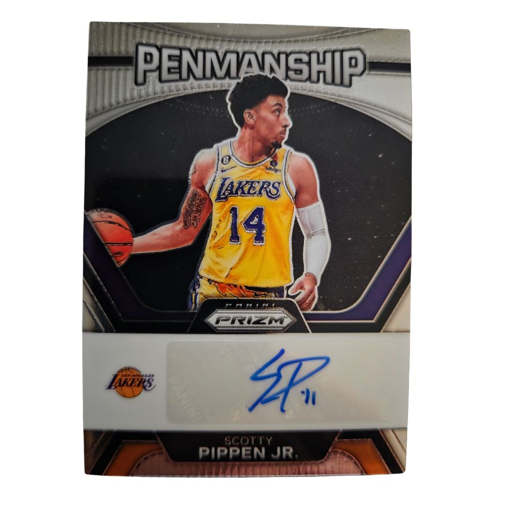 Front of Scotty Pippen Jr. 2023-24 Panini Prizm Penmanship Autograph #PNM-SCP basketball card featuring Los Angeles Lakers uniform and blue ink signature