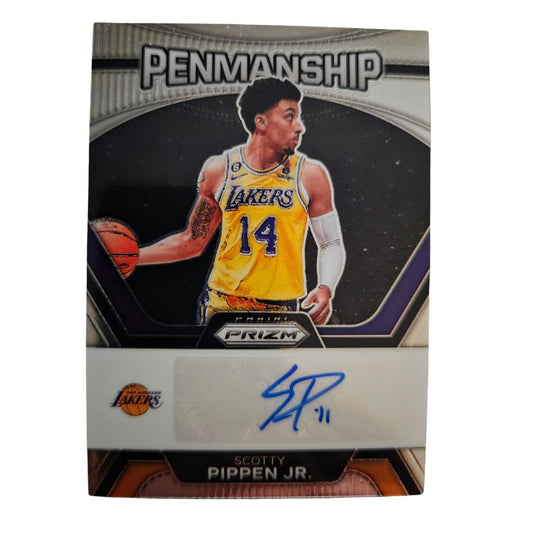 Front of Scotty Pippen Jr. 2023-24 Panini Prizm Penmanship Autograph #PNM-SCP basketball card featuring Los Angeles Lakers uniform and blue ink signature