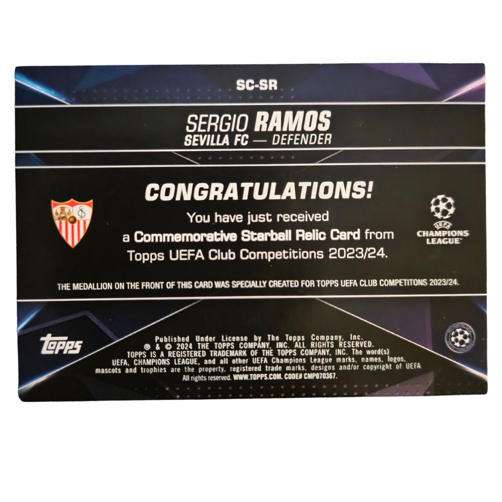 Back of Sergio Ramos 2023-24 Topps UEFA Club Competitions Starball Commemorative Relic card (#SC-SR) showing relic medallion designation and card details