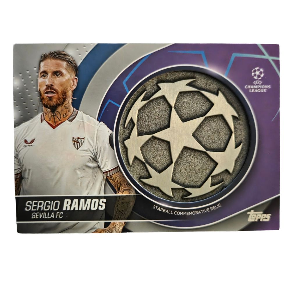 Front of Sergio Ramos 2023-24 Topps UEFA Club Competitions Starball Commemorative Relic card (#SC-SR) raw Near Mint condition