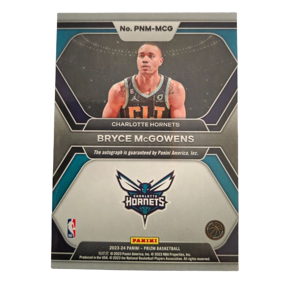 Back of official Panini Prizm NBA 2023‑24 Penmanship Autograph Bryce McGowens #PNM‑MCG – collectible basketball card