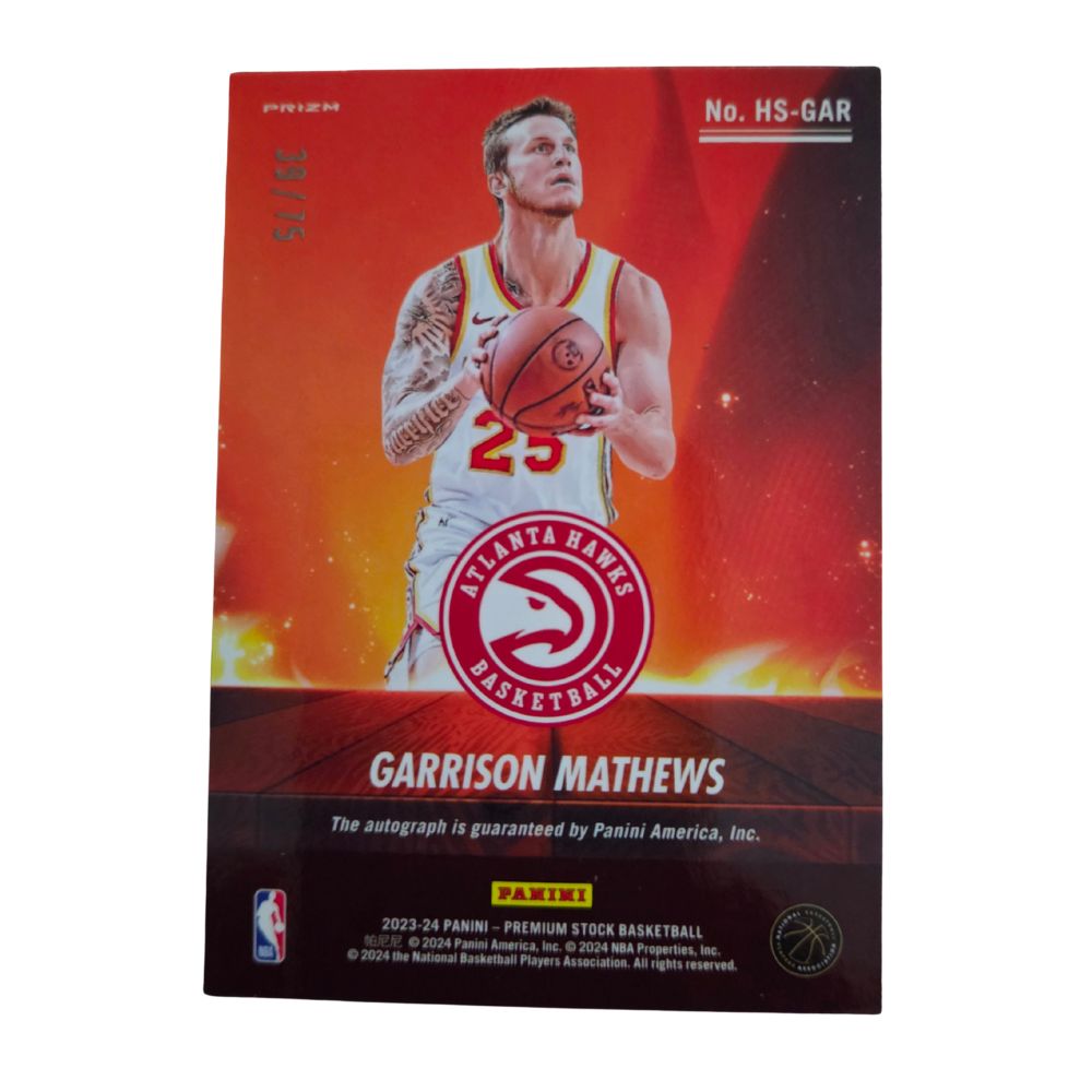 Back of Panini Hoops Premium Stock 2023‑24 Hot Signatures Autograph Garrison Mathews #HS‑GAR numbered 39⁄75 – NBA trading card