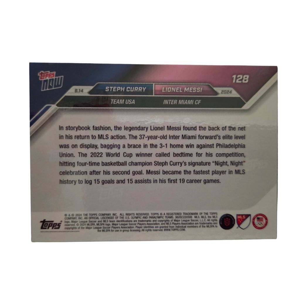 Back of 2024 Topps NOW #128 Night, Night! Signature Celebration card featuring Steph Curry & Lionel Messi in Near Mint condition