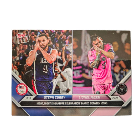 Front of 2024 Topps NOW #128 Night, Night! Signature Celebration card featuring Steph Curry and Lionel Messi in Near Mint condition