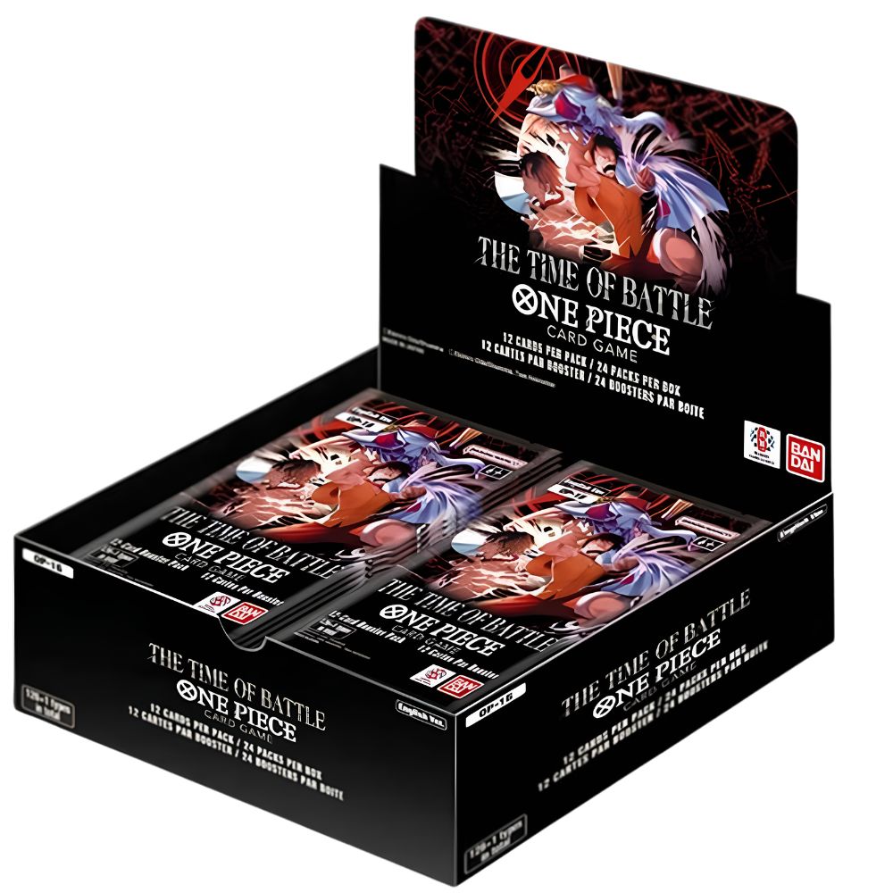 Box of 'One Piece' card game packs on a white background OP 16 English