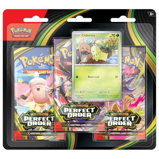 Official Pokemon TCG Three Pack Blister from ME03 Perfect Order – English Booster Packs and Promo