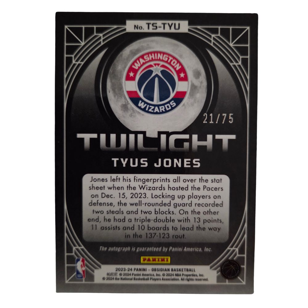 Back of Tyus Jones 2023-24 Panini Obsidian Twilight Autograph Orange /75 #TS-TYU card showing serial number 21/75 and player game highlight