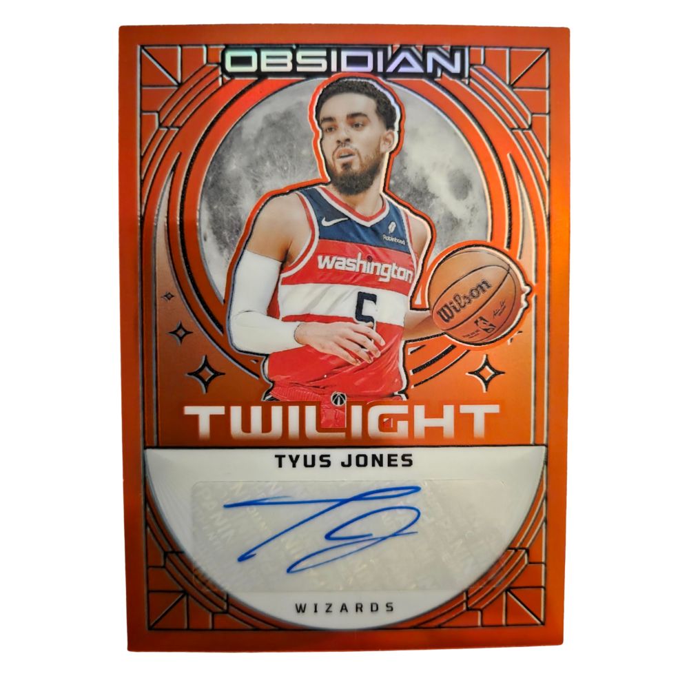 Front of Tyus Jones 2023-24 Panini Obsidian Twilight Autograph Orange /75 #TS-TYU basketball card featuring Washington Wizards uniform and blue ink signature