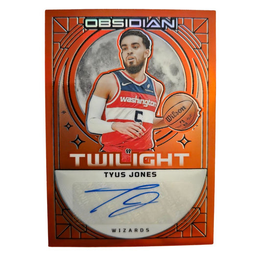 Front of Tyus Jones 2023-24 Panini Obsidian Twilight Autograph Orange /75 #TS-TYU basketball card featuring Washington Wizards uniform and blue ink signature
