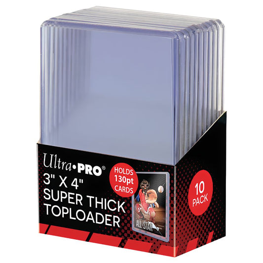 Front view of Ultra Pro Super Thick 130pt Toploader pack with 10 rigid holders