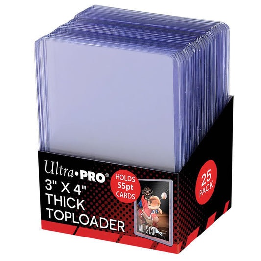 Ultra Pro 3x4 thick toploader packaging with 25 packs on a white background