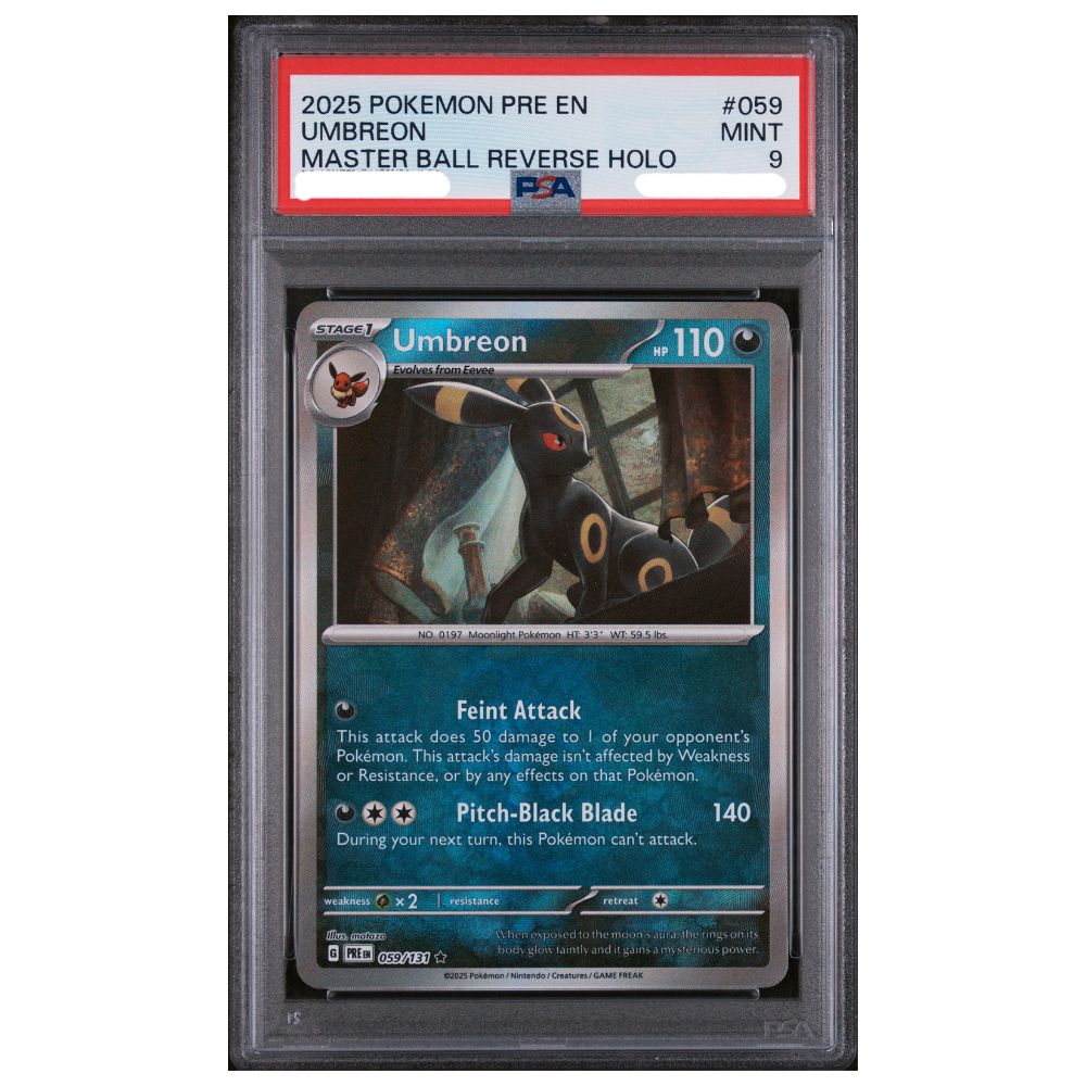 Umbreon Master Ball Reverse Holo PSA 9 from Pokemon Prismatic Evolutions front view
