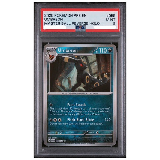 Umbreon Master Ball Reverse Holo PSA 9 from Pokemon Prismatic Evolutions front view