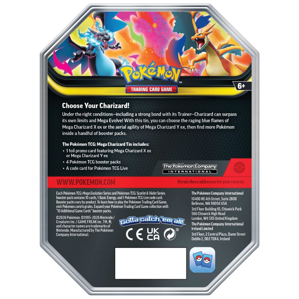 Official Pokémon TCG Mega Charizard XY Tin rear packaging with product contents