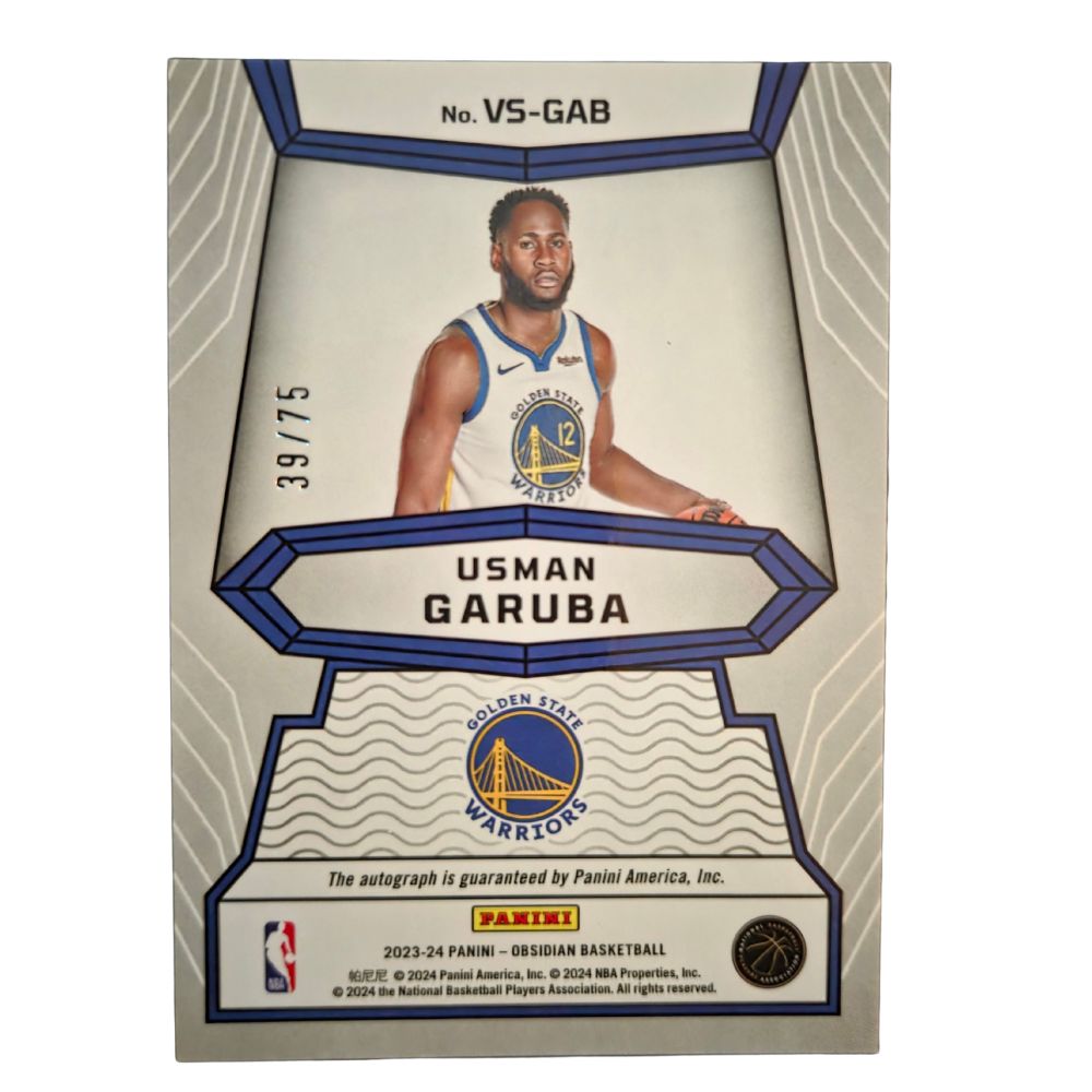 Back of Usman Garuba 2023-24 Panini Obsidian Volcanic Signatures #VS-GAB autograph card numbered #39/75 in Near Mint condition