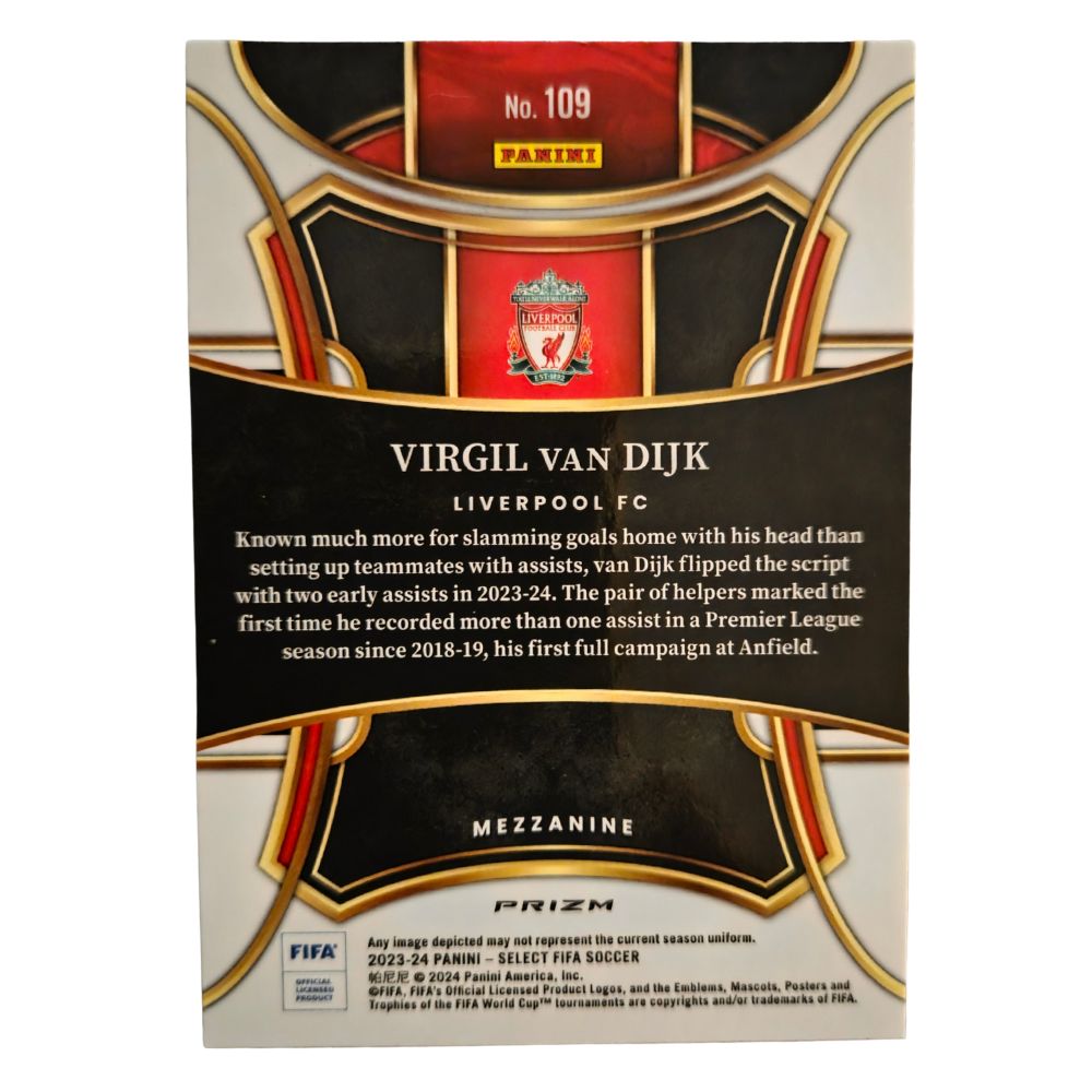Back of Virgil van Dijk 2023-24 Panini Select FIFA Mezzanine Red Prizm #109 soccer card, showing card details and parallel indication