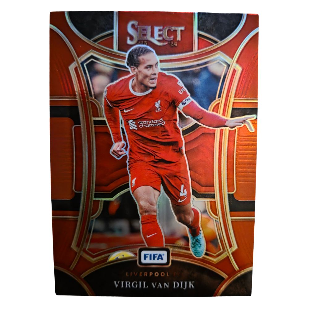 Front of Virgil van Dijk 2023-24 Panini Select FIFA Mezzanine Red Prizm #109 soccer card in Near Mint condition