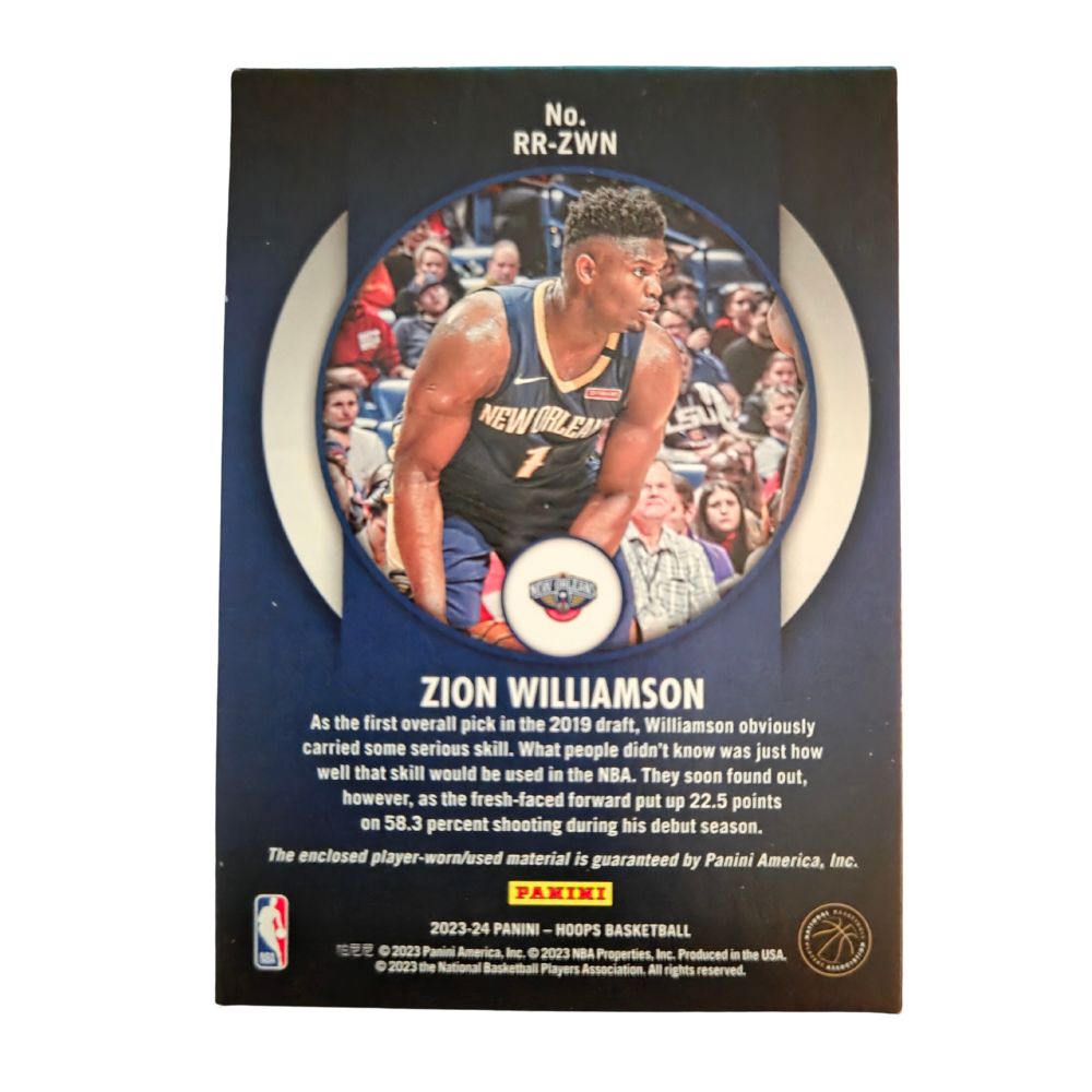 Back of Zion Williamson 2023-24 Panini NBA Hoops Rookie Remembrance #RR-ZWN jersey patch basketball card in Near Mint condition