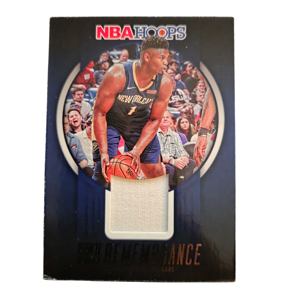Front of Zion Williamson 2023-24 Panini NBA Hoops Rookie Remembrance #RR-ZWN jersey patch basketball card in Near Mint condition