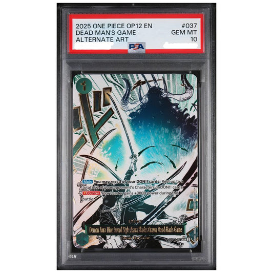 PSA 10 Demon Aura Nine Sword Style Asura Blades Drawn Dead Mans Game alternate art card from One Piece Legacy of the Master OP12