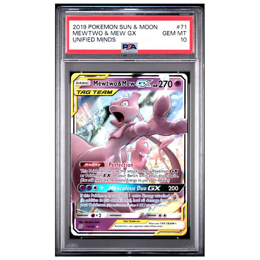 Mewtwo and Mew GX Full Art PSA 10 Pokemon Unified Minds card front view